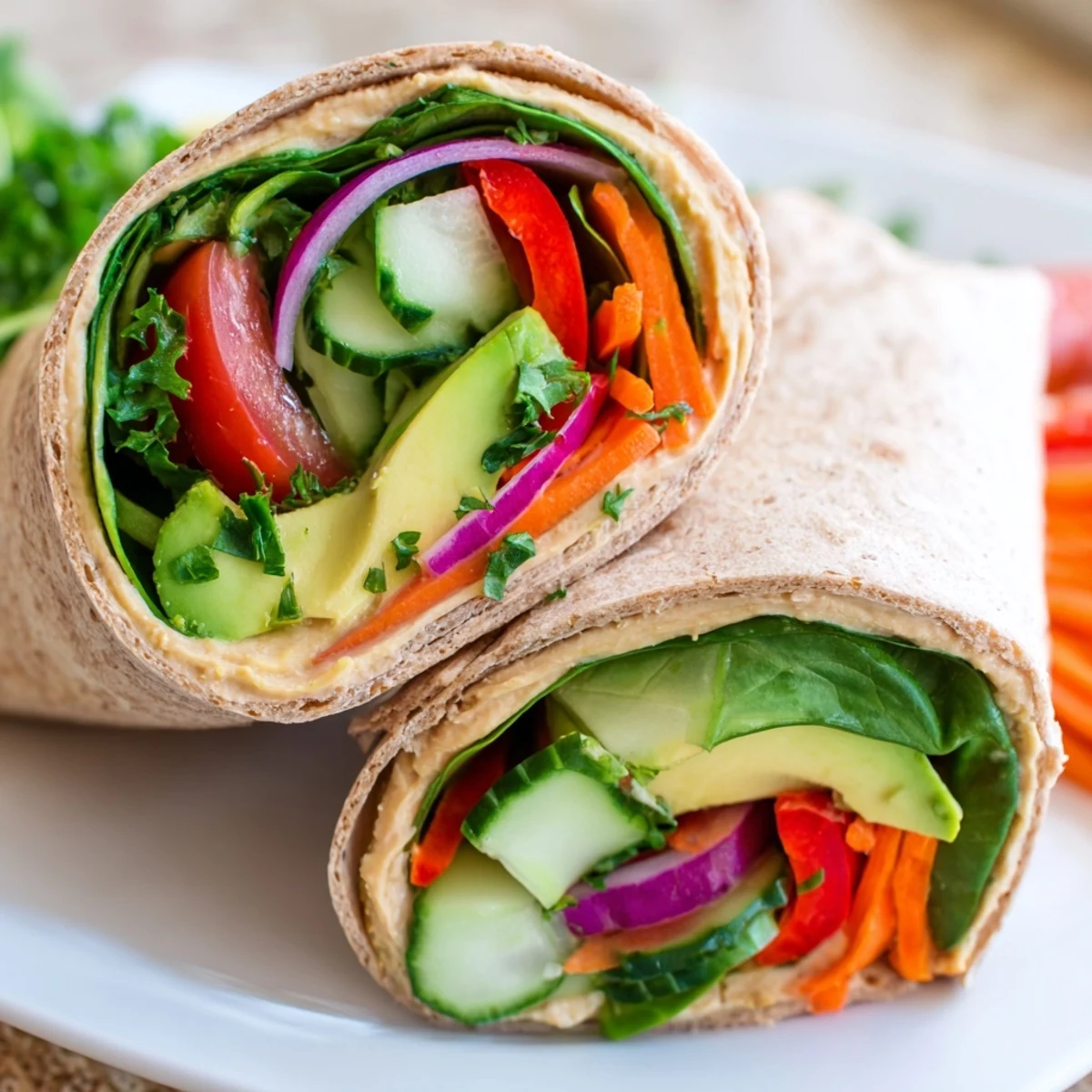 Mediterranean-style heavenly hummus wrap filled with sliced cucumber bell pepper avocado and tender baby spinach leaves