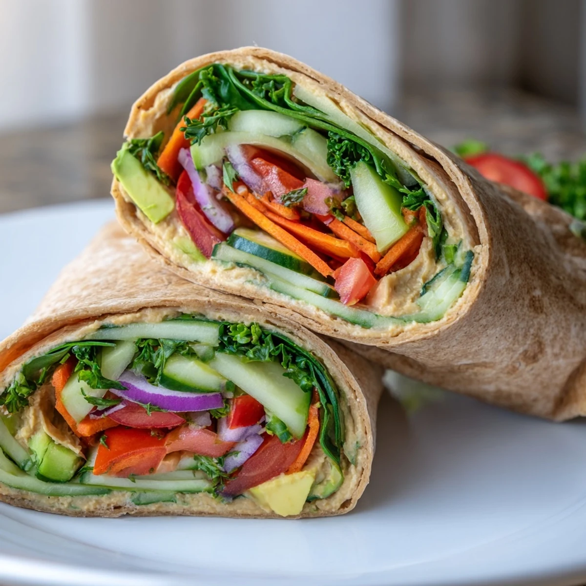 Veggie-packed whole wheat wrap featuring smooth hummus spread over julienned peppers grated carrots and fresh greens
