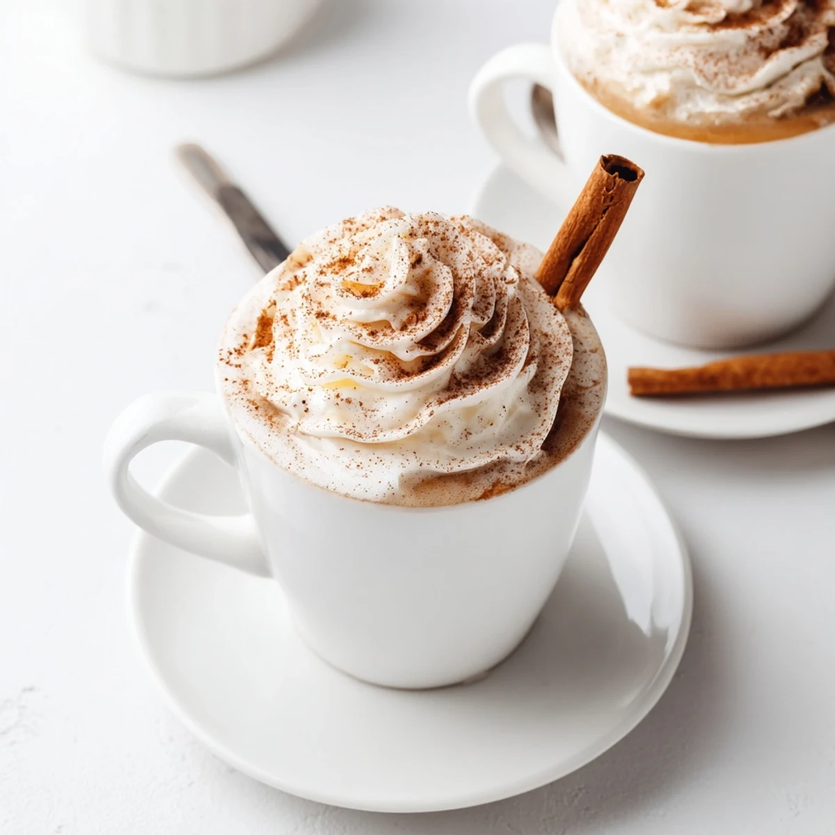 Two Cozy Winter Lattes garnished with cinnamon stick, whipped cream, maple sweetness