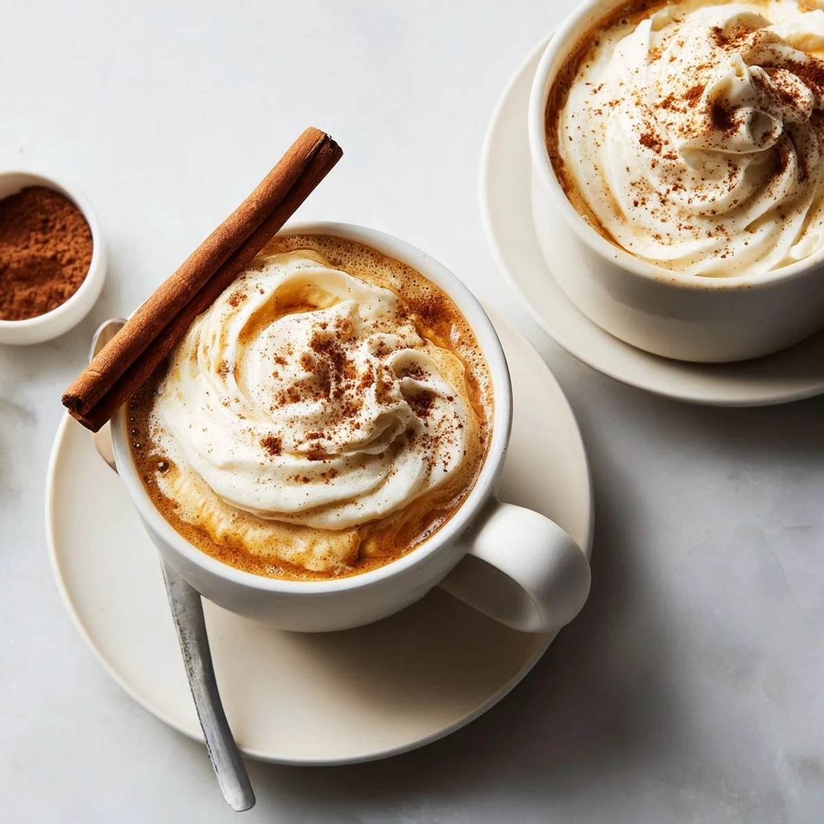Steaming Cozy Winter Lattes in ceramic mugs, creamy froth and cinnamon scent
