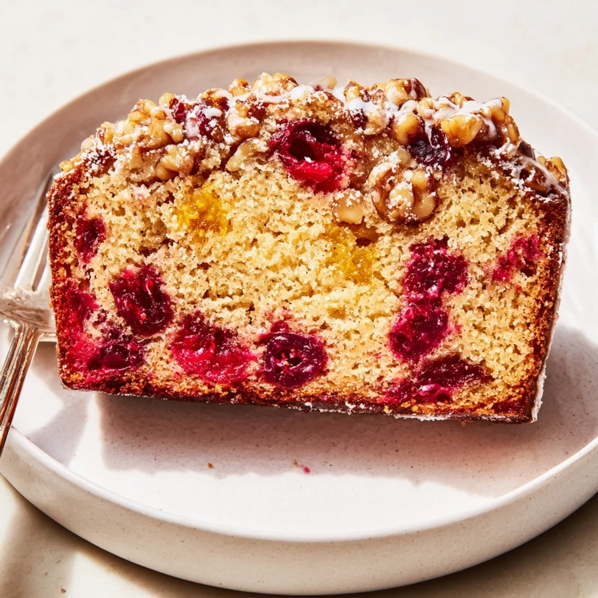 Sliced Cranberry Orange Bread with glossy orange glaze, juicy cranberries and crumbs