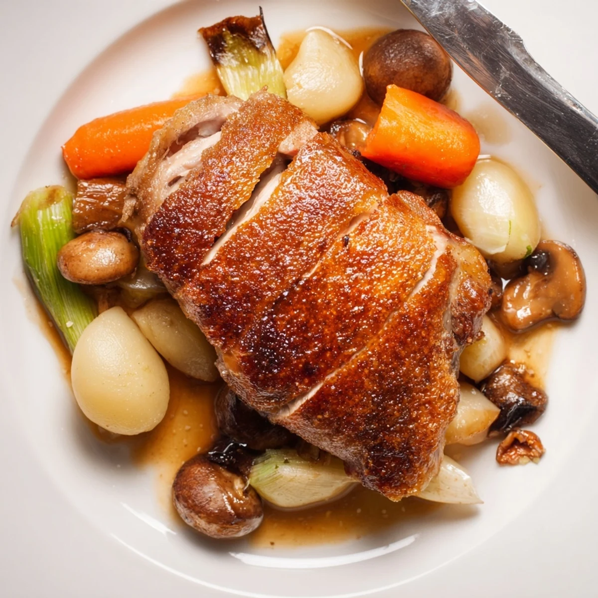 Crispy Braised Duck With Savory Vegetables: golden skin, tender meat, aromatic braising juices.