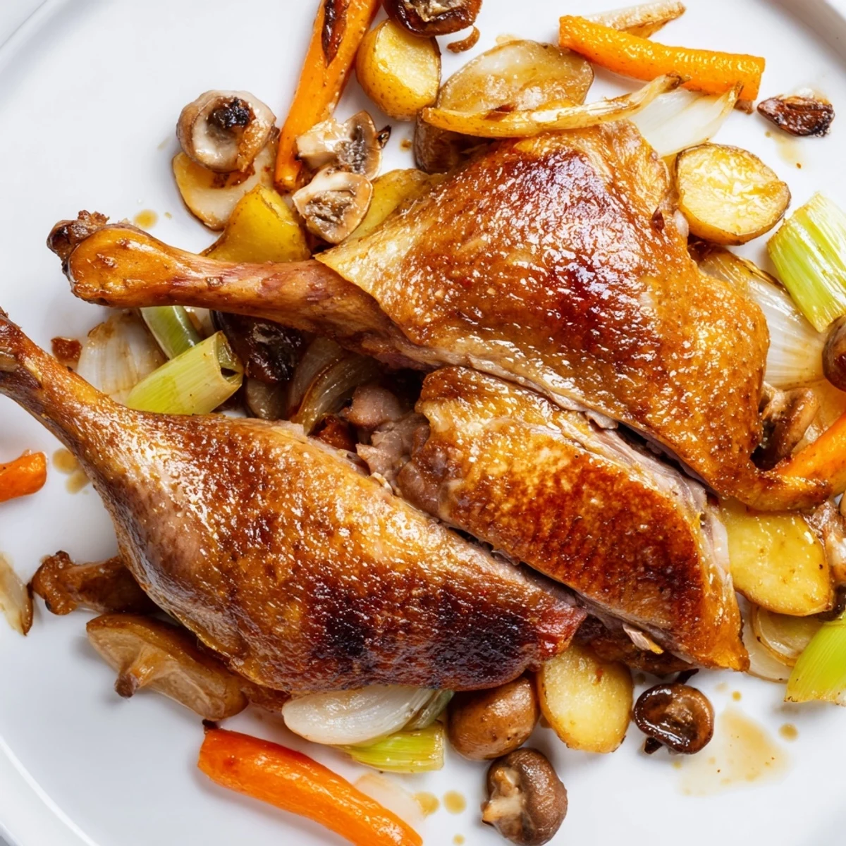 Plated Crispy Braised Duck With Savory Vegetables over caramelized roots and thyme.