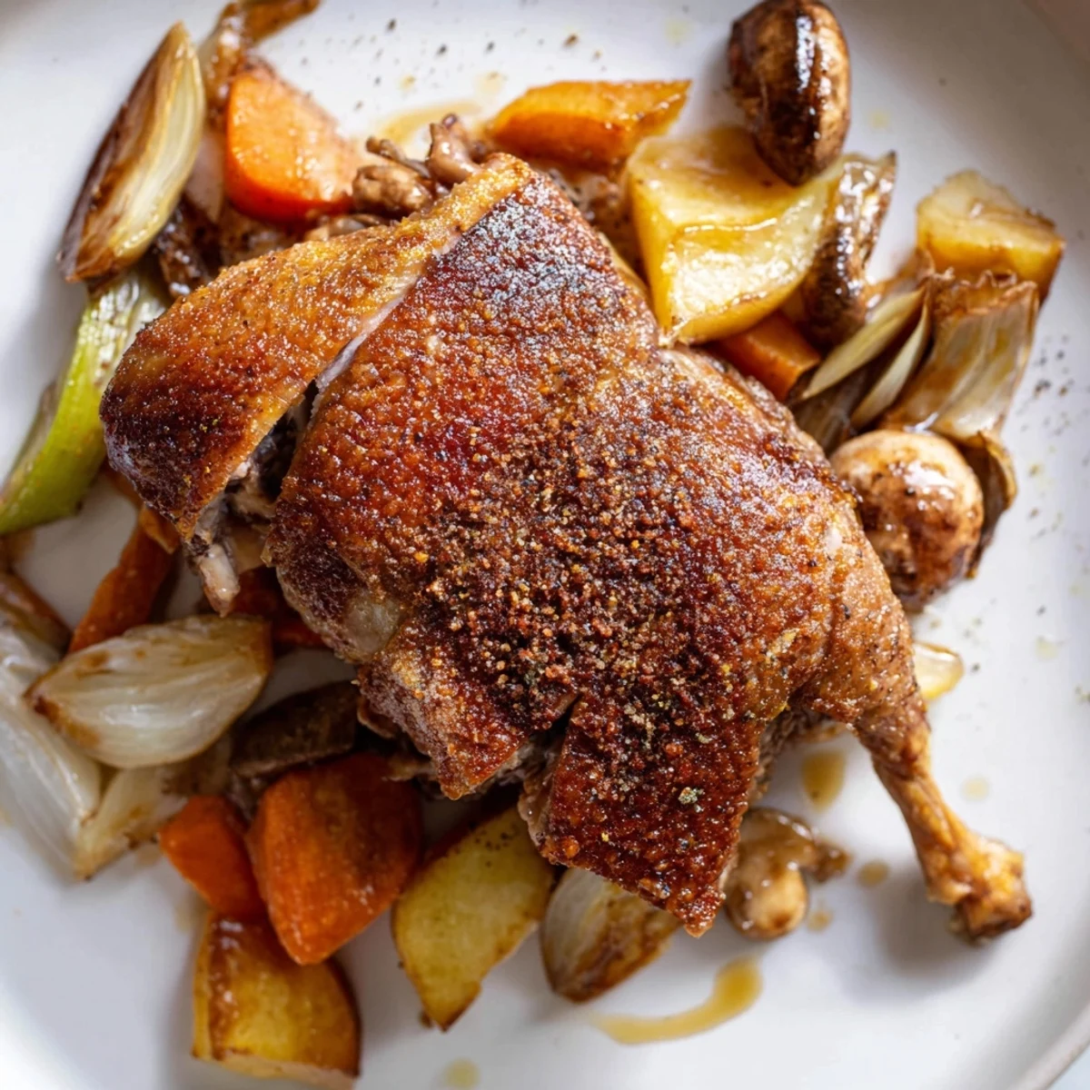 A platter of Crispy Braised Duck With Savory Vegetables, glossy and fragrant.