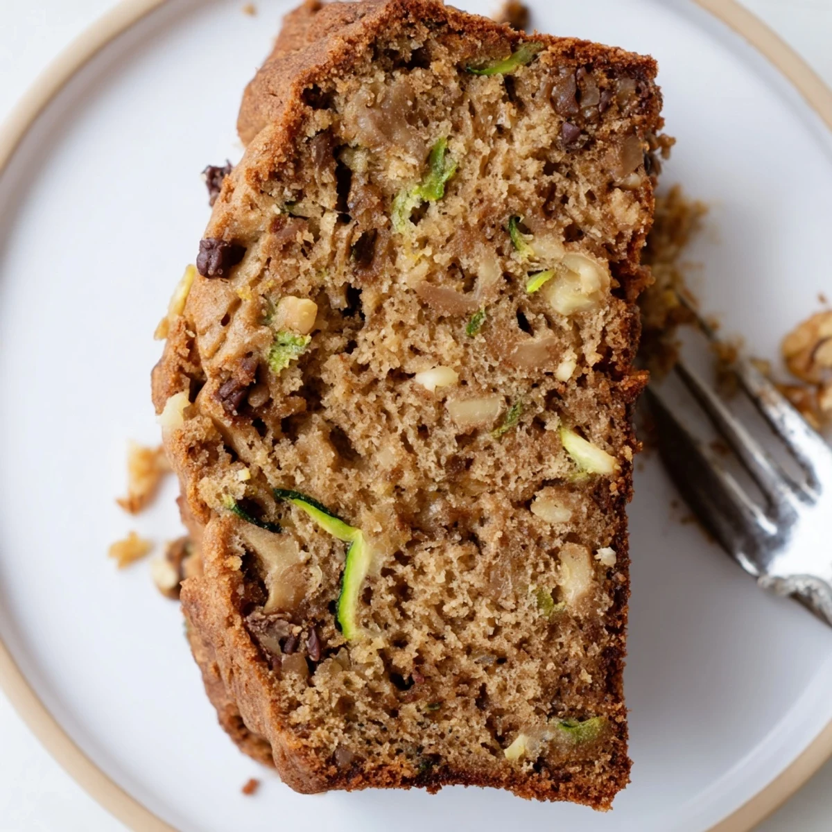 Zucchini Banana Bread loaf sliced on cooling rack, warm fragrant cinnamon aroma