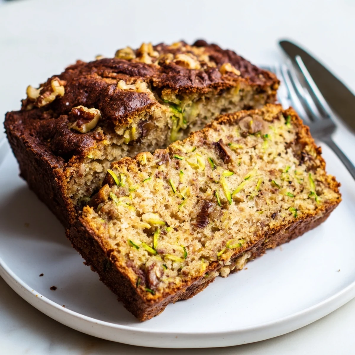 Moist Zucchini Banana Bread slice served warm with cream cheese spread