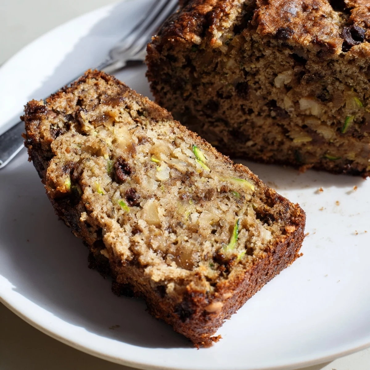 Freshly baked Zucchini Banana Bread with visible green specks, butter melting