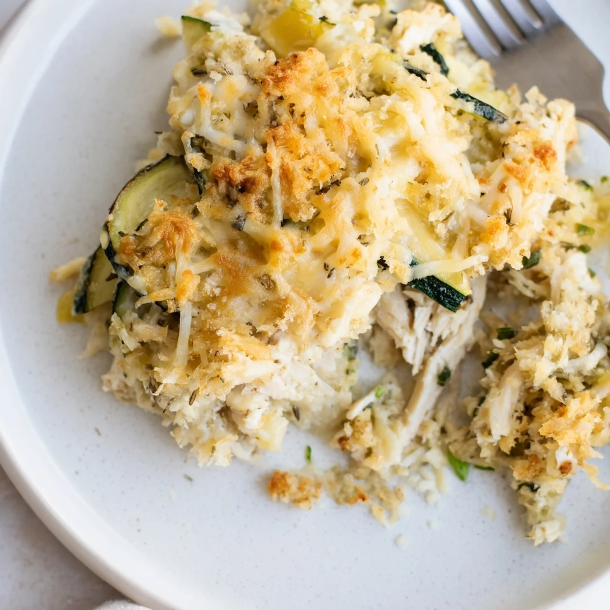Warm Family Friendly Chicken Zucchini Bake served with crisp green salad for dinner