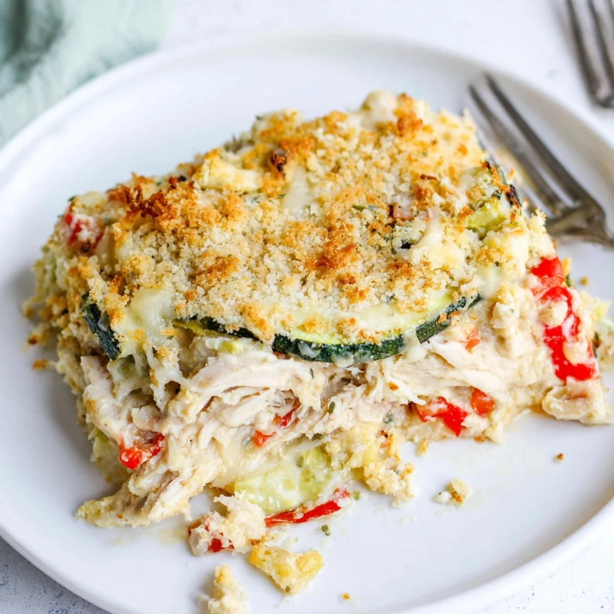 Family Friendly Chicken Zucchini Bake with golden cheesy crust, steaming, ready to serve