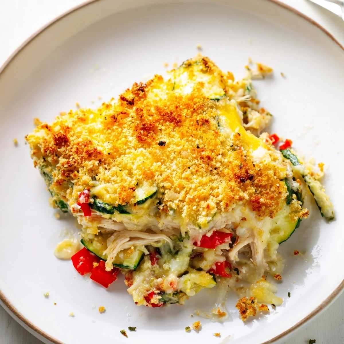 Oven-browned Family Friendly Chicken Zucchini Bake resting, sliced, perfect for family dinners