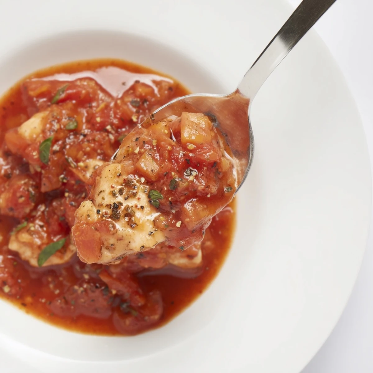 Slow Cooker Tomato Basil Chicken Breasts, tender, spooned over rice
