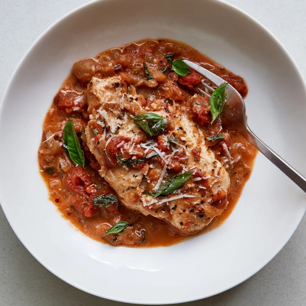 Aromatic Slow Cooker Tomato Basil Chicken Breasts bubbling in rustic red sauce