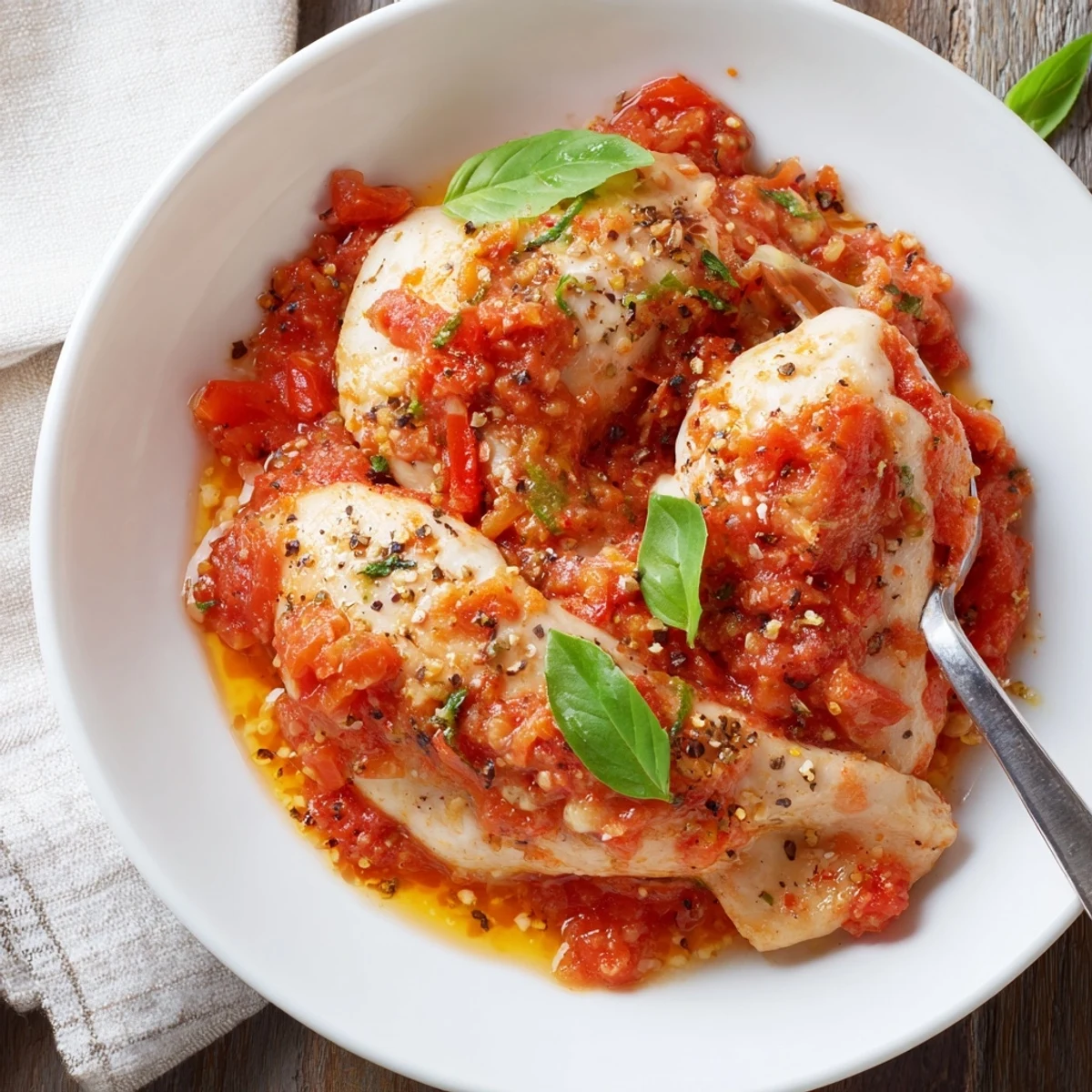 Slow Cooker Tomato Basil Chicken Breasts finished with creamy swirl and torn basil