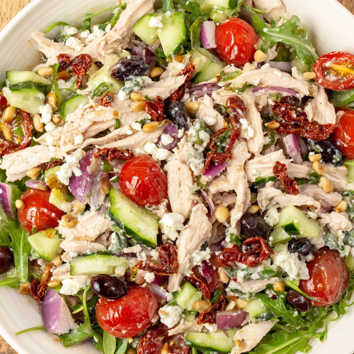 Fresh Mediterranean-style chicken salad featuring tender shredded chicken, tangy sun-dried tomatoes, and mixed greens