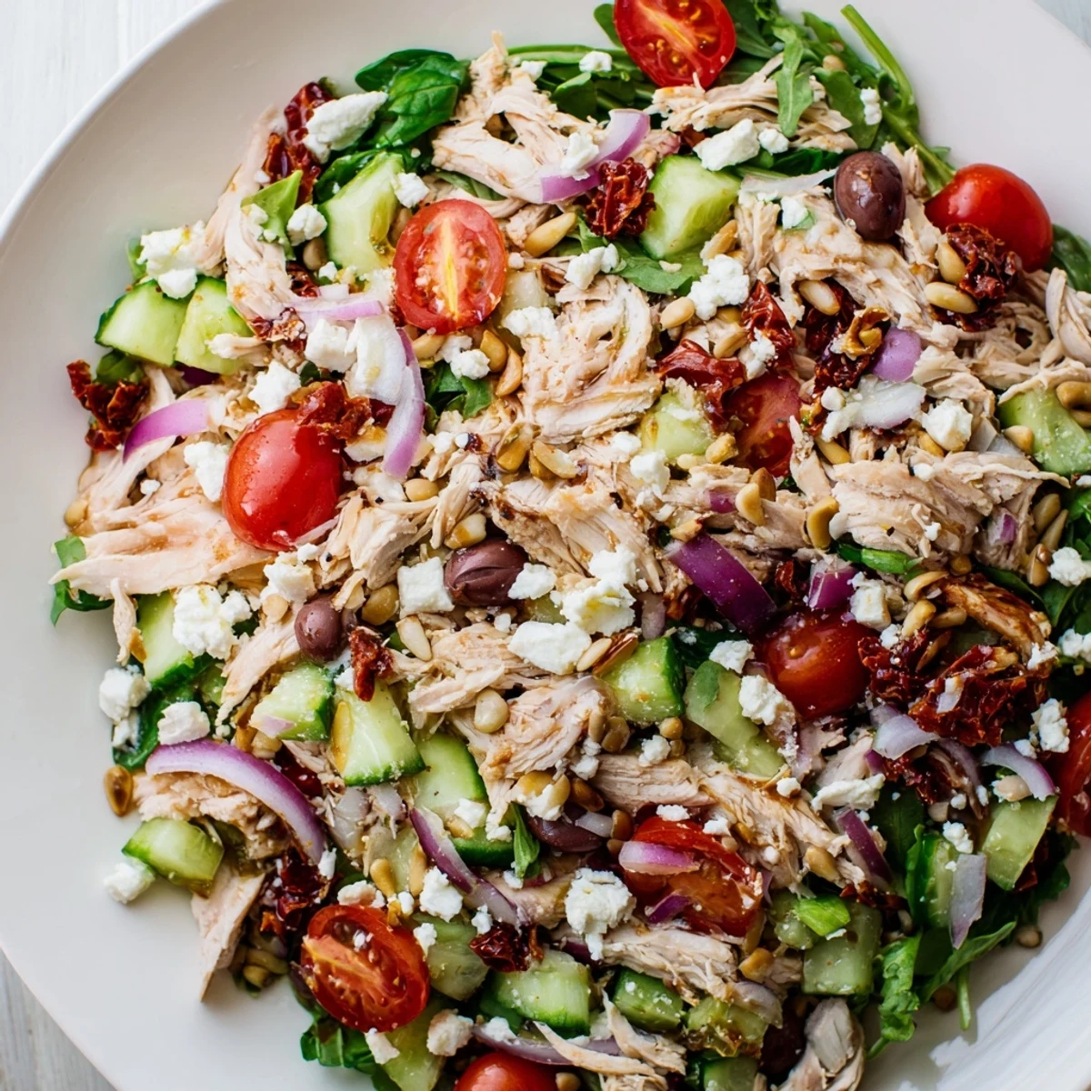 Golden sun-dried tomato chicken salad with crisp vegetables and crumbled feta cheese in a large bowl