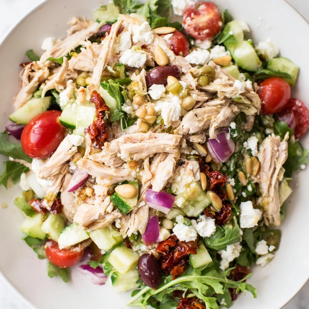 Protein-packed sun-dried tomato chicken salad plated with colorful cherry tomatoes, cucumber, and red onion