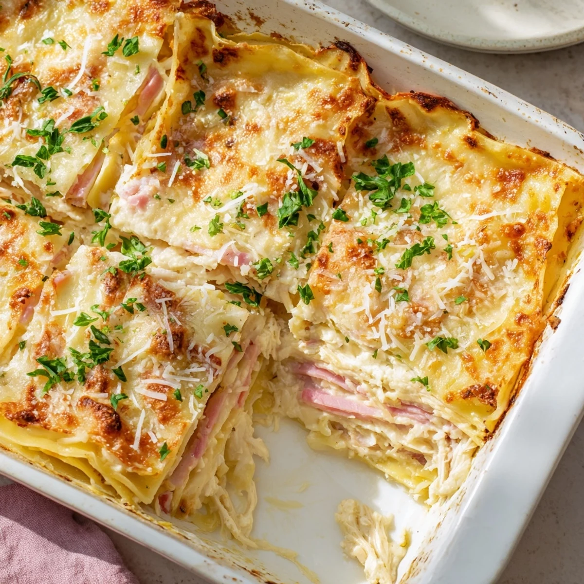 Baked chicken cordon bleu lasagna featuring creamy béchamel sauce between tender pasta sheets and shredded chicken