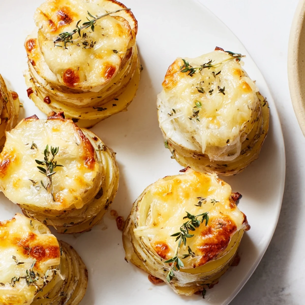 Golden cheese scalloped potato stacks arranged in a muffin tin with bubbling cheddar and gruyere tops