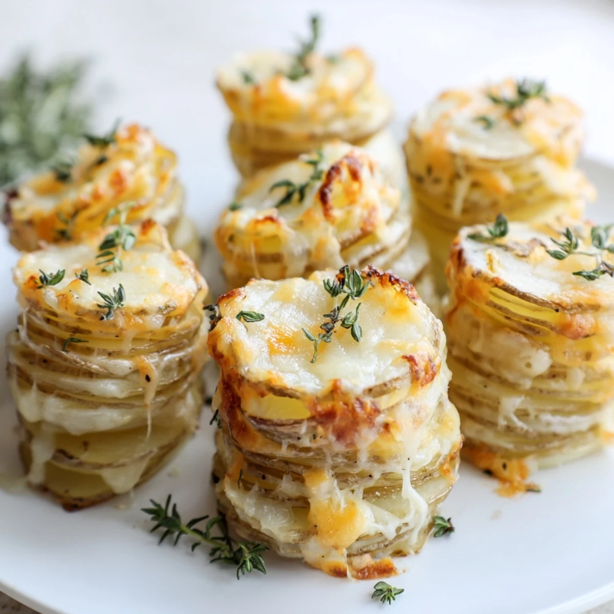 Portioned scalloped potato stacks showing tender layered interiors with melted sharp cheddar and gruyere cheese