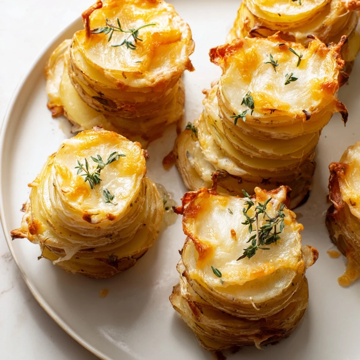 Individual potato stacks layered with creamy cheese sauce and fresh thyme, baked to crispy golden perfection