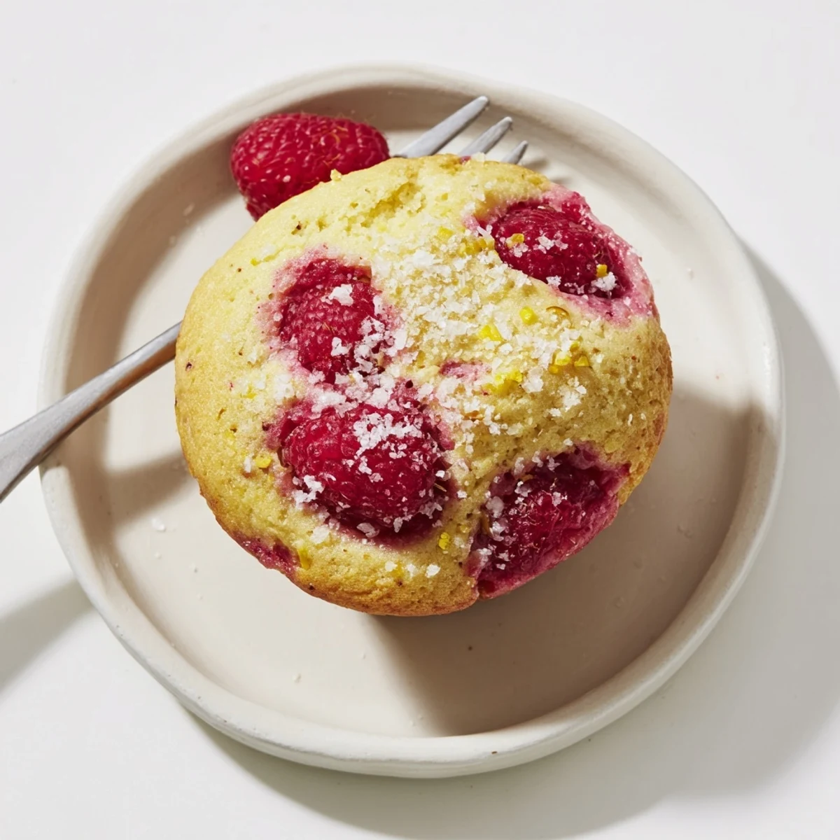Golden brown raspberry lemon ricotta muffins topped with coarse sugar and fresh raspberries