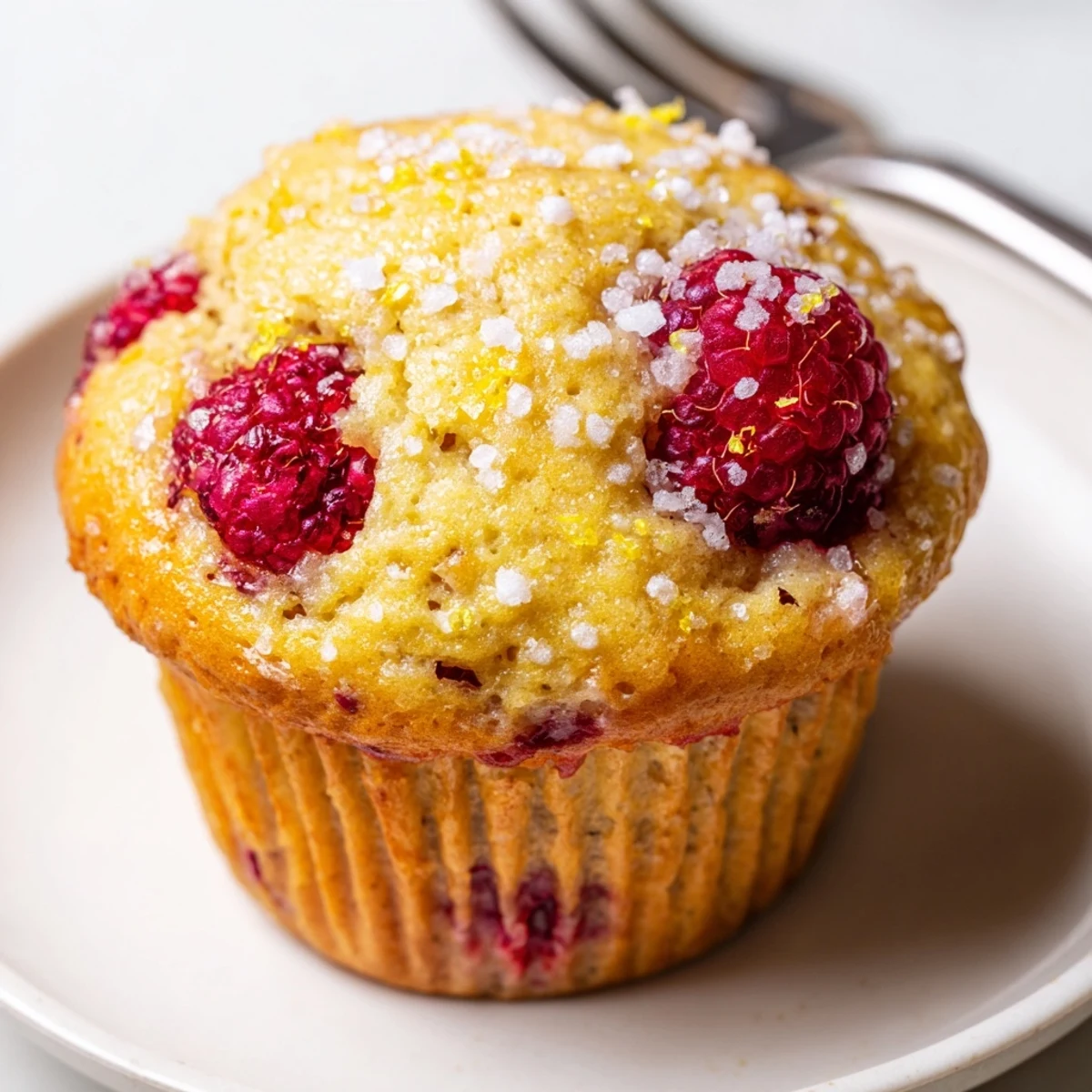 Moist breakfast muffins bursting with red raspberries and creamy ricotta cheese crumble