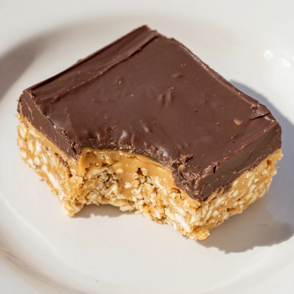Homemade peanut butter bars displaying smooth chocolate topping and creamy peanut filling on white plate