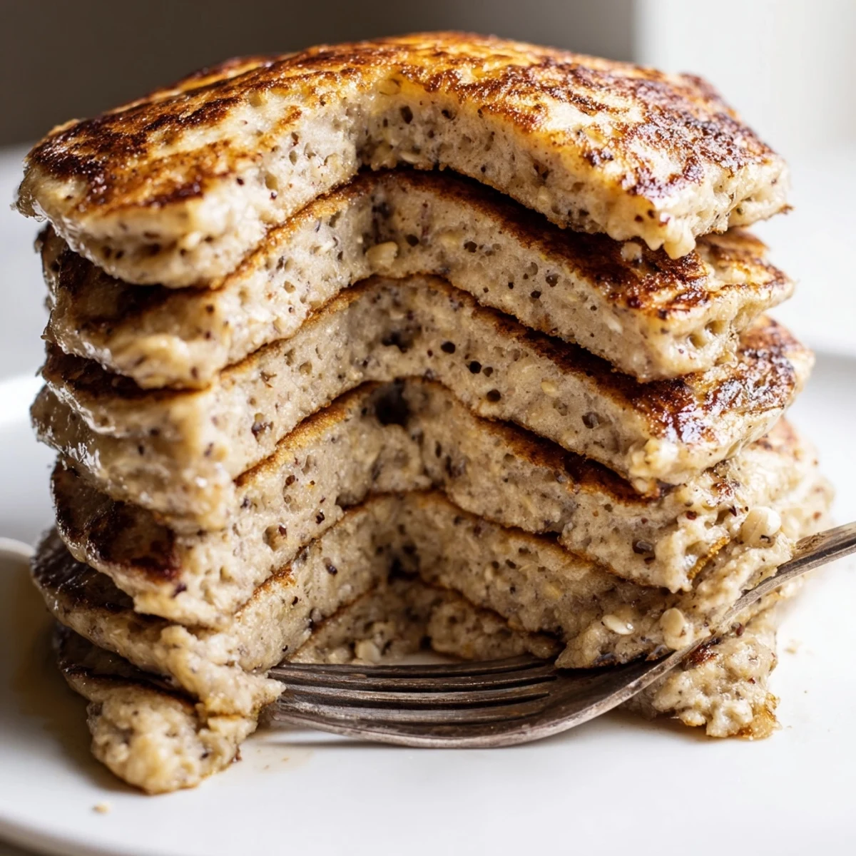 Stack of fluffy protein banana pancakes topped with fresh banana slices and maple syrup