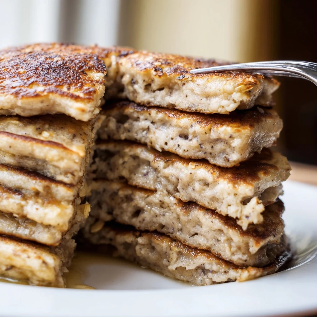 Golden brown protein banana pancakes cooking in a skillet with visible bubble texture