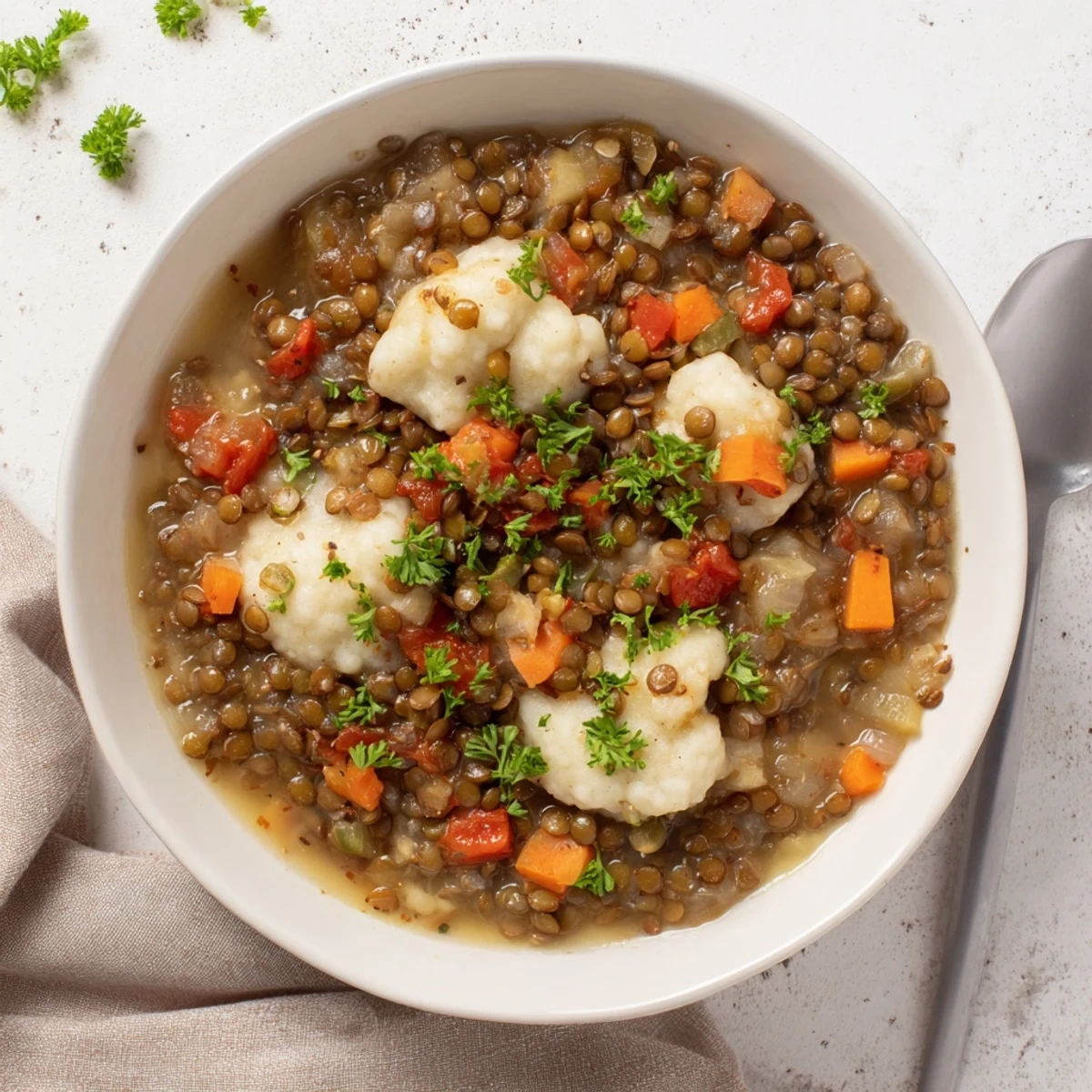 Golden lentil stew with fluffy dumplings steaming in a rustic serving bowl