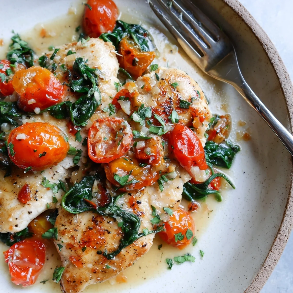 Savory chicken simmered in white wine sauce with wilted spinach and juicy halved tomatoes
