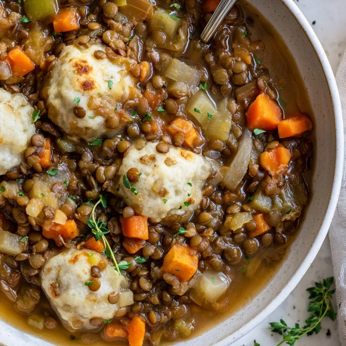 Lentils With Dumplings bubbling in a pot, savory broth and fluffy dumplings.