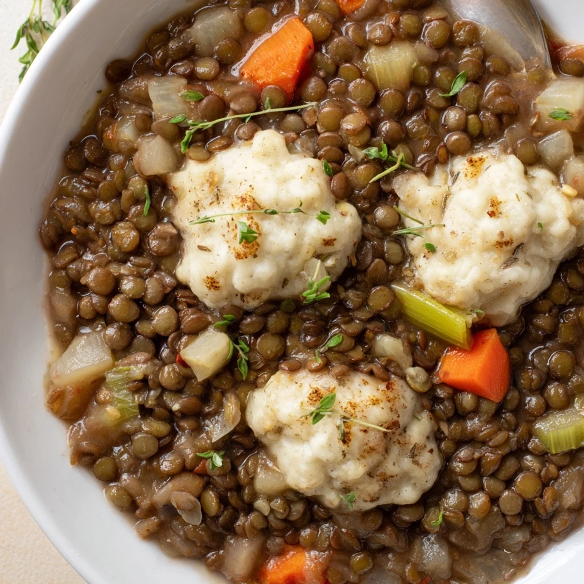 Hearty Lentils With Dumplings served steaming with fresh parsley and lemon.