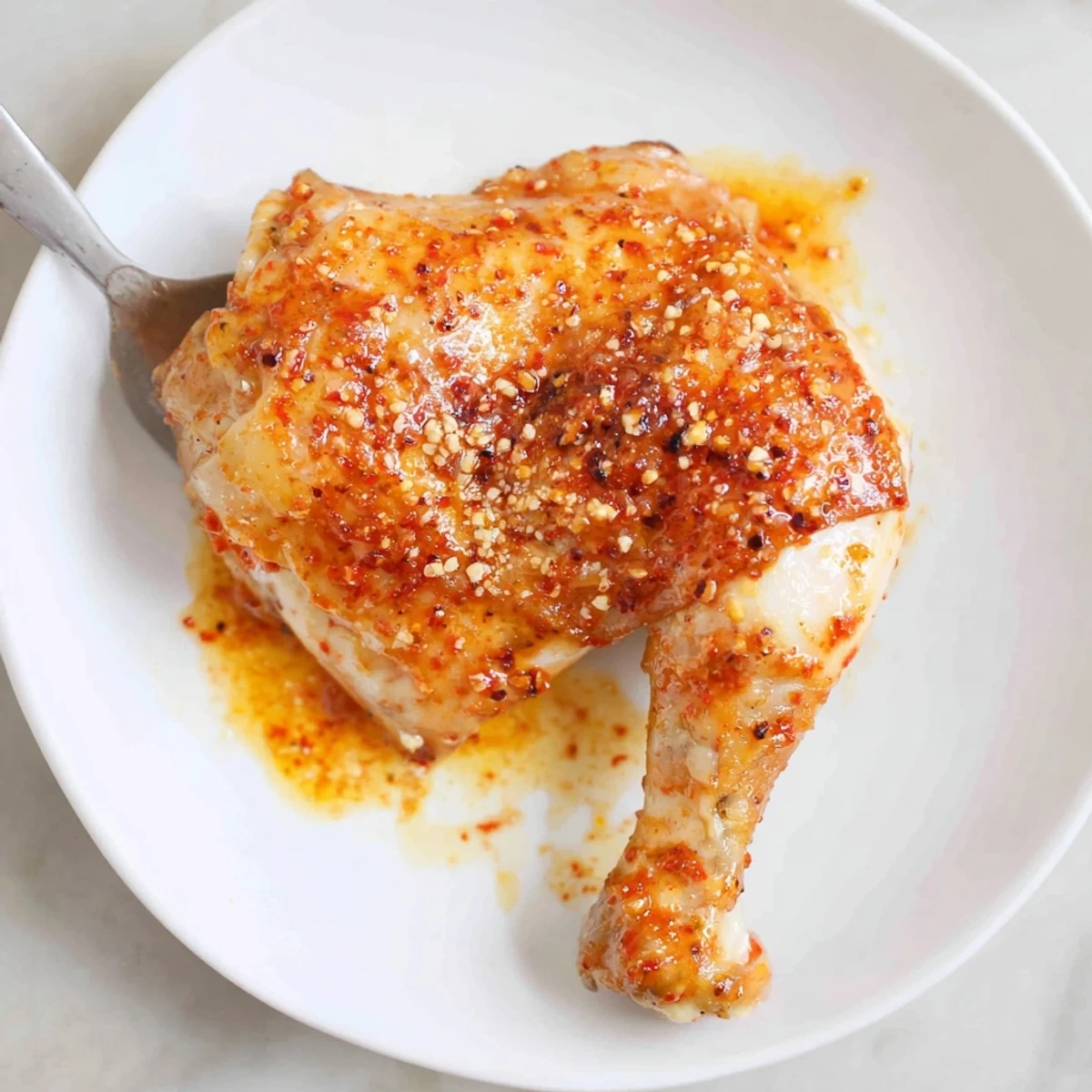 Plate of Spicy Honey Butter Fried Chicken with crisp skin, buttery sweet heat