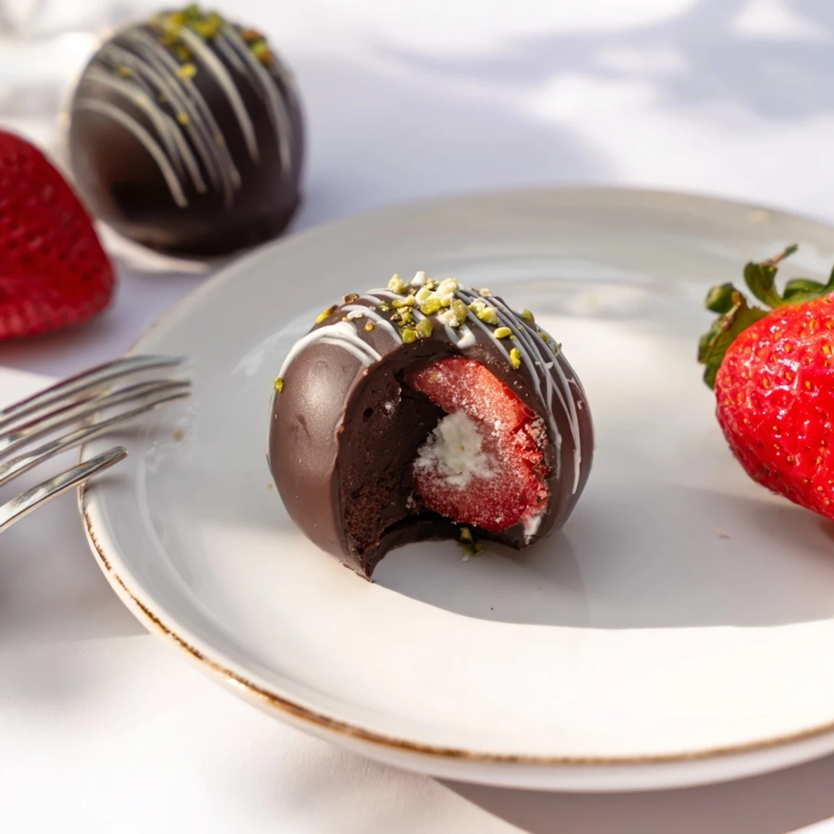 Strawberry Bombs glistening with dark chocolate coating, chilled on parchment tray