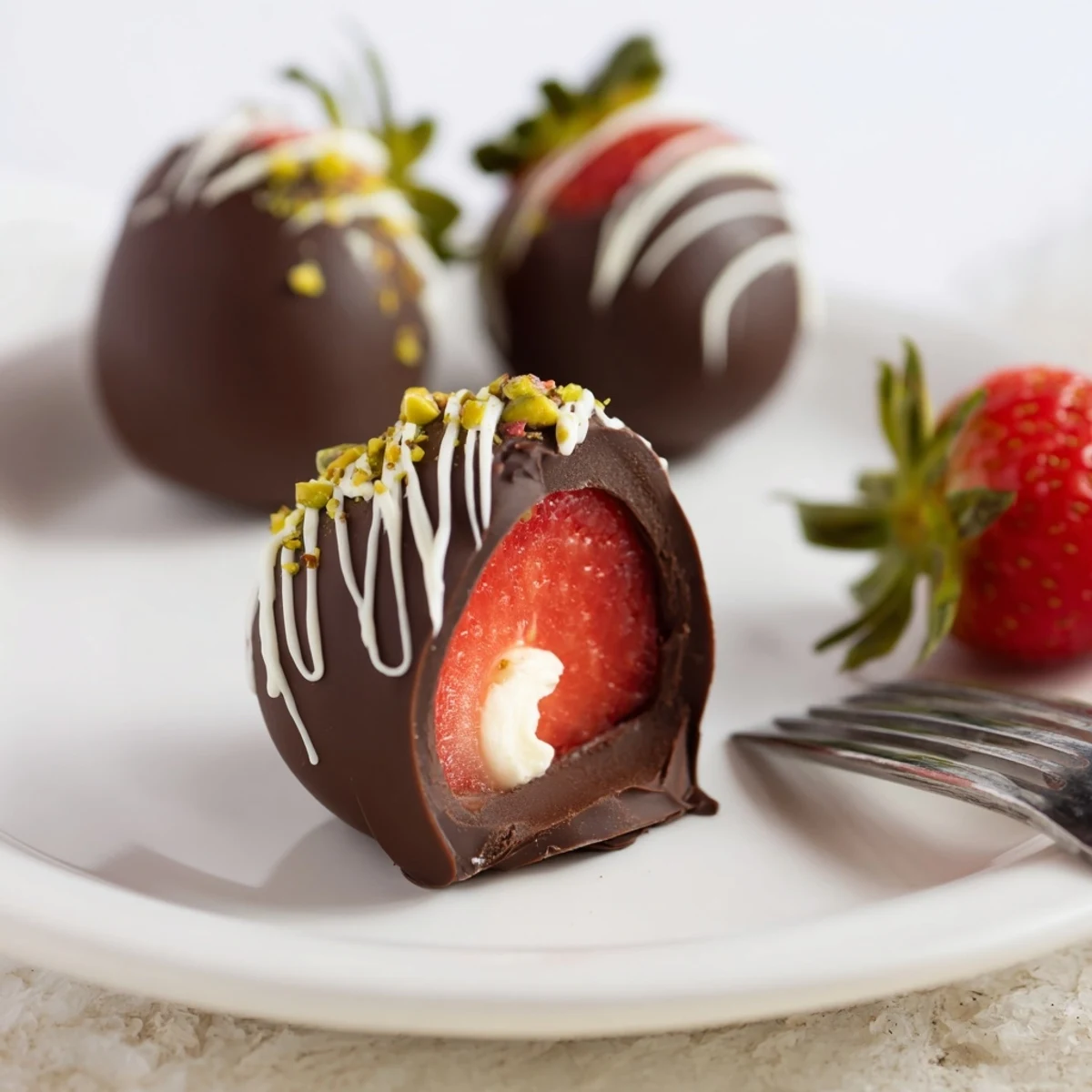 Strawberry Bombs dipped in melted chocolate, velvety cream oozing, served chilled