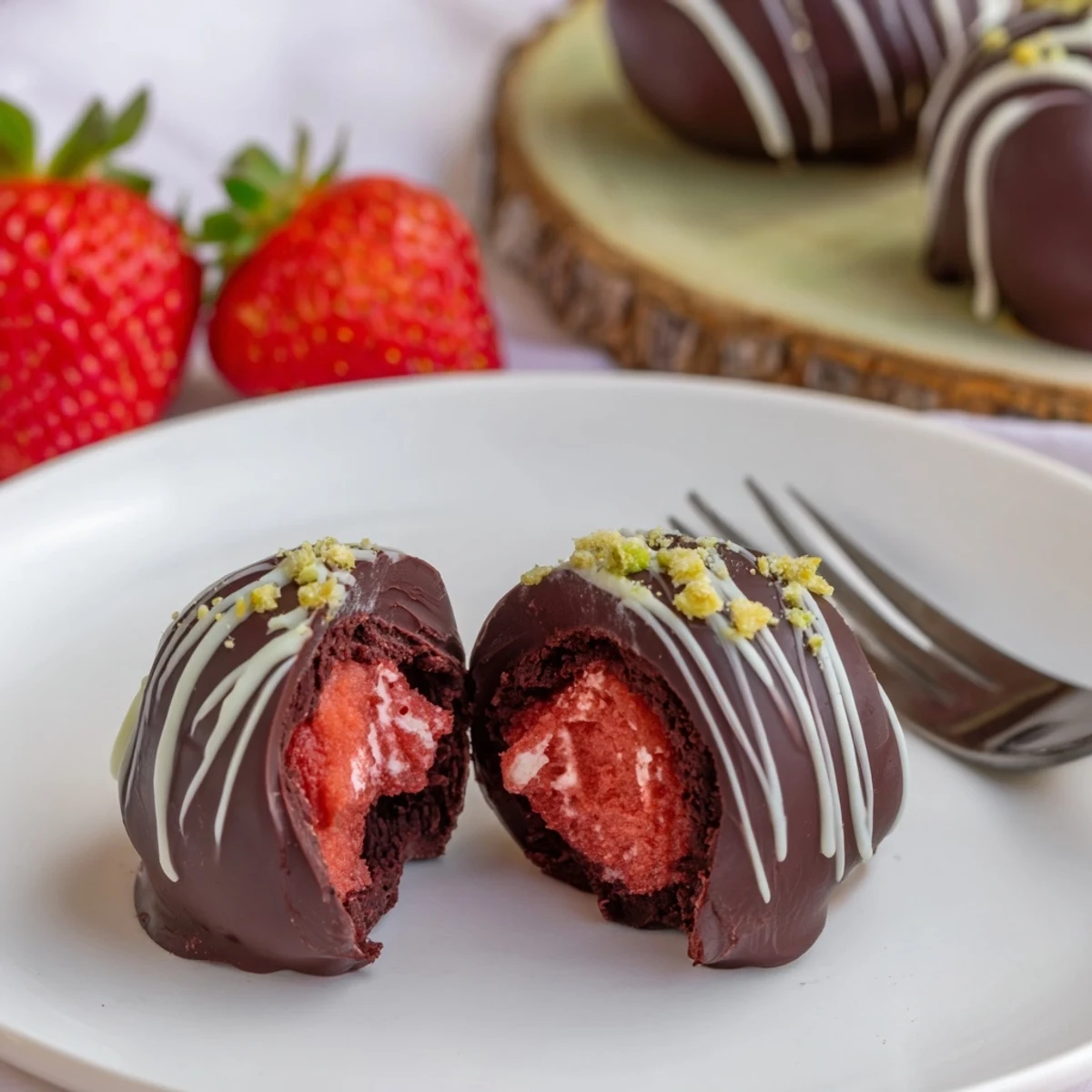 Strawberry Bombs filled with creamy vanilla center, sprinkled with pistachios, perfect for parties