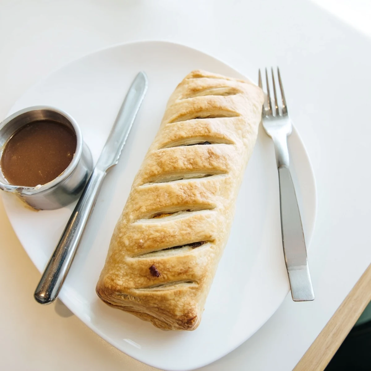 Close-up of Greggs inspired steak and cheese roll sliced open revealing tender beef and melted cheese