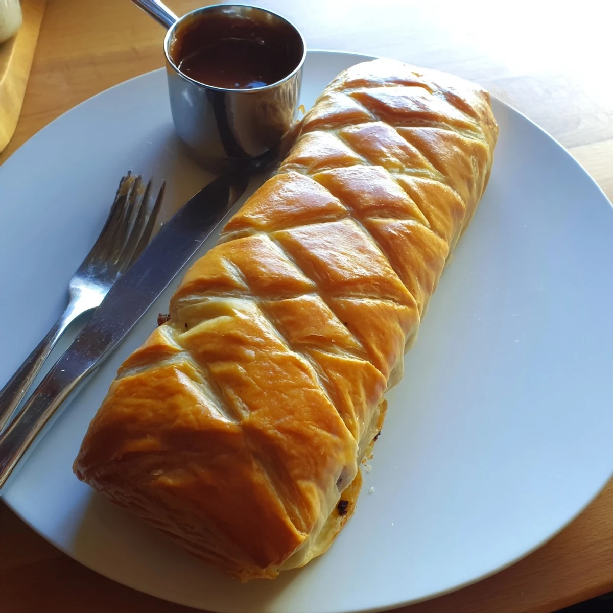 Golden flaky Greggs inspired steak and cheese roll with melted cheddar oozing from buttery puff pastry