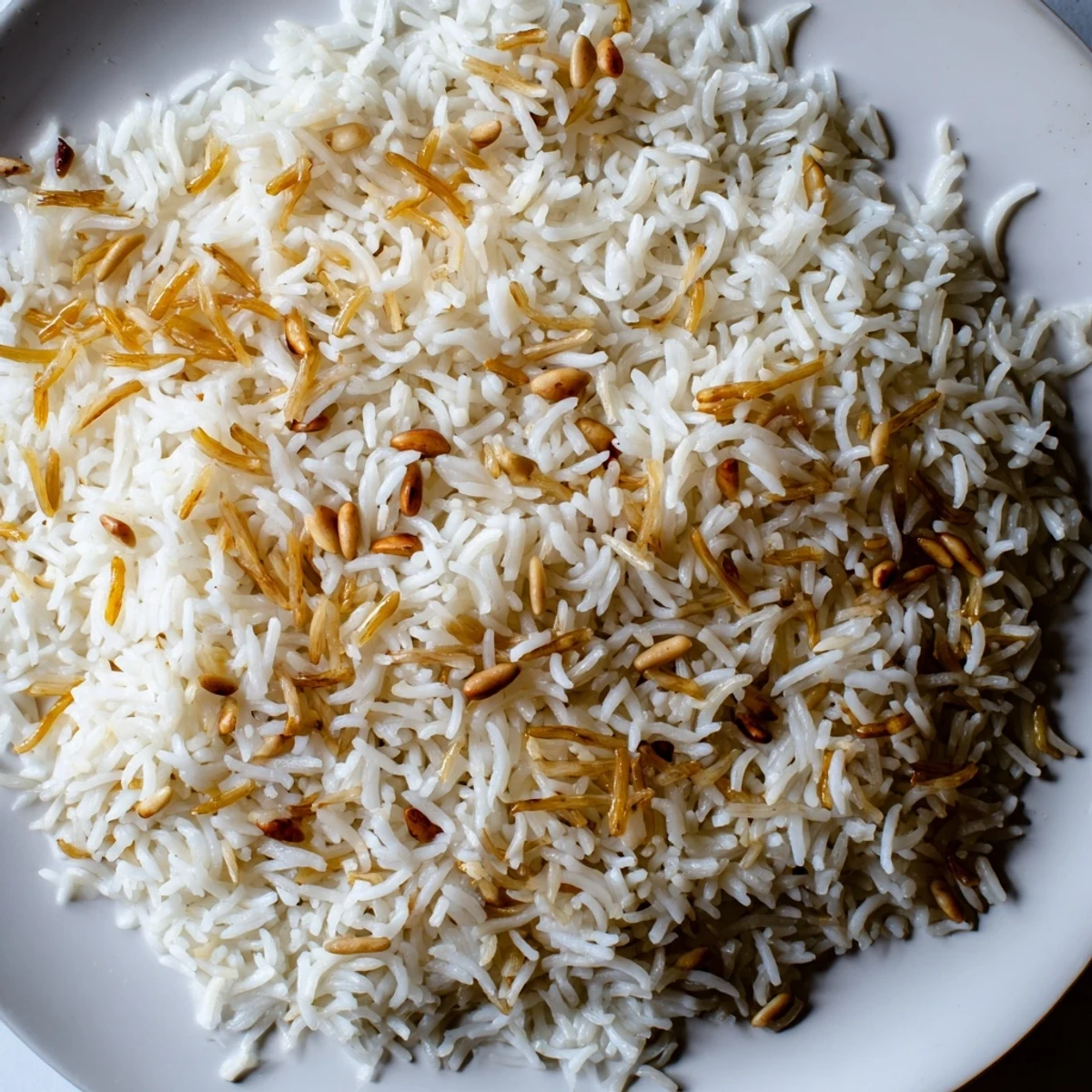 Fluffy Lebanese rice steamed with crispy golden noodles and melted butter