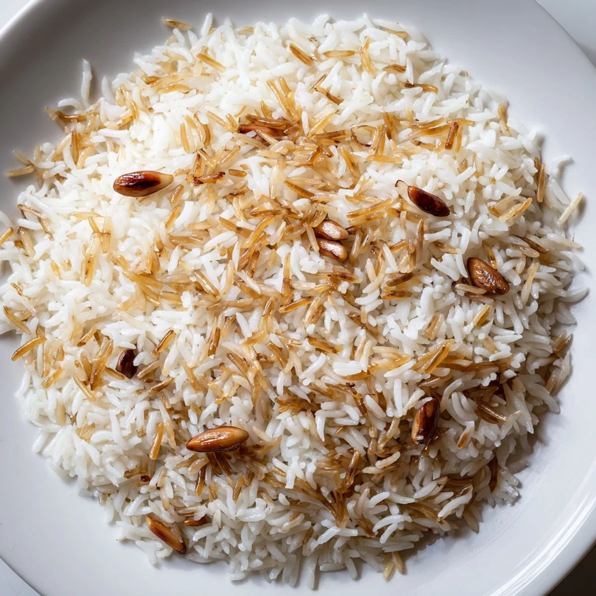 Golden Lebanese rice with toasted vermicelli nestled in a buttery serving bowl