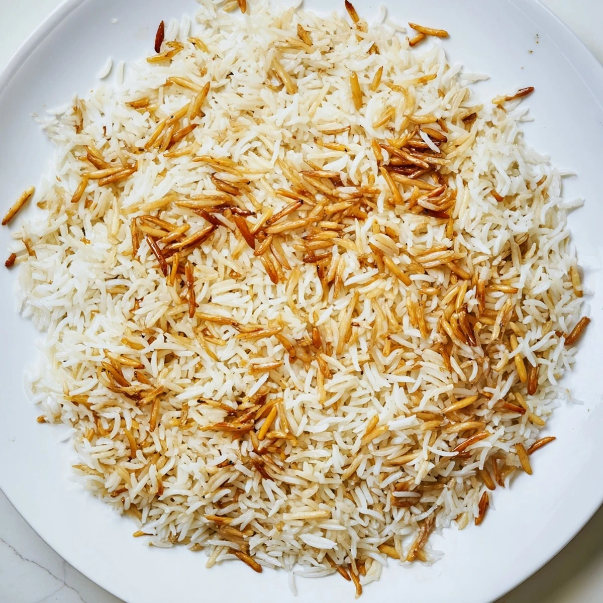 Steaming plate of buttery Lebanese rice alongside grilled meat kebabs