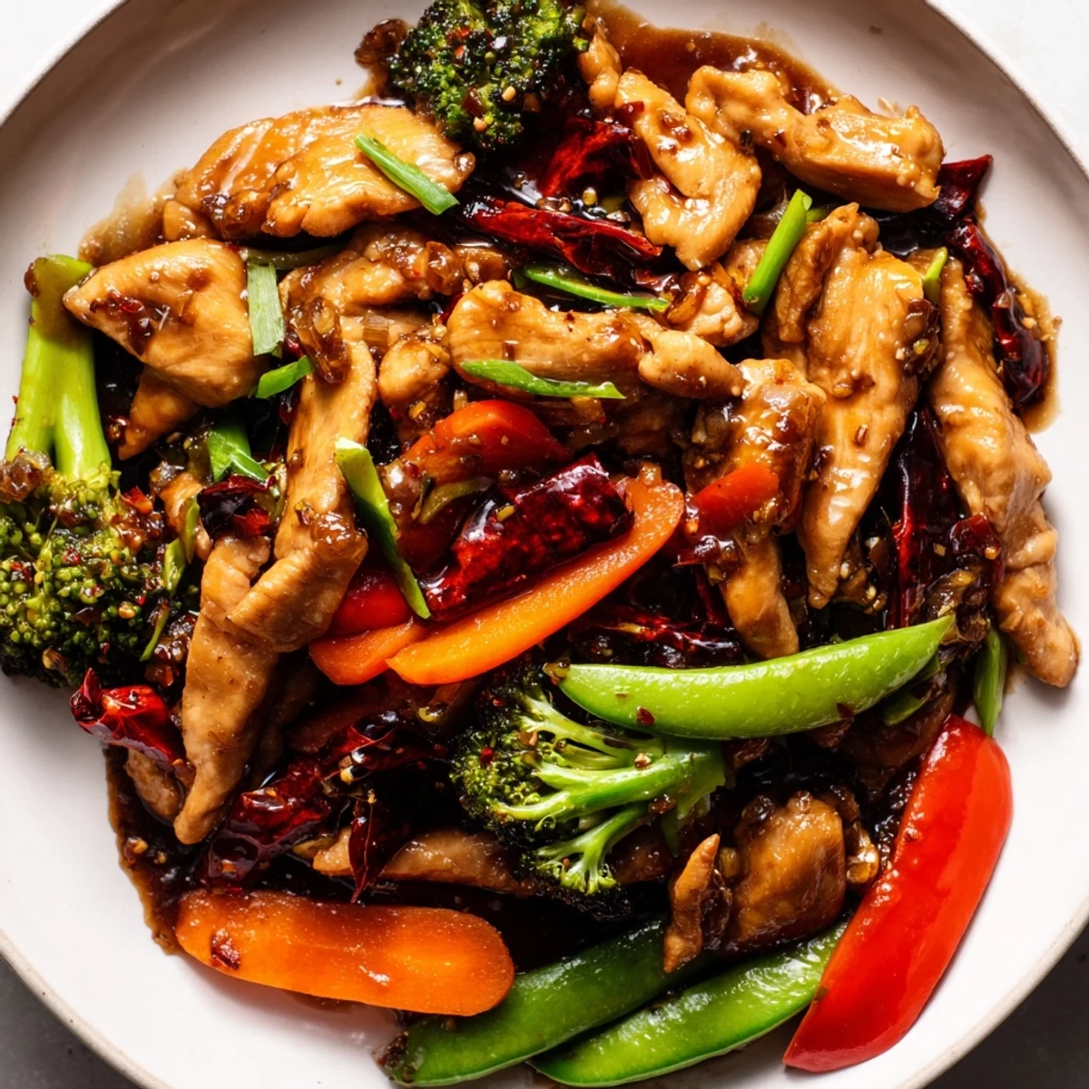 Sizzling Hunan Chicken with colorful bell peppers and glossy spicy sauce