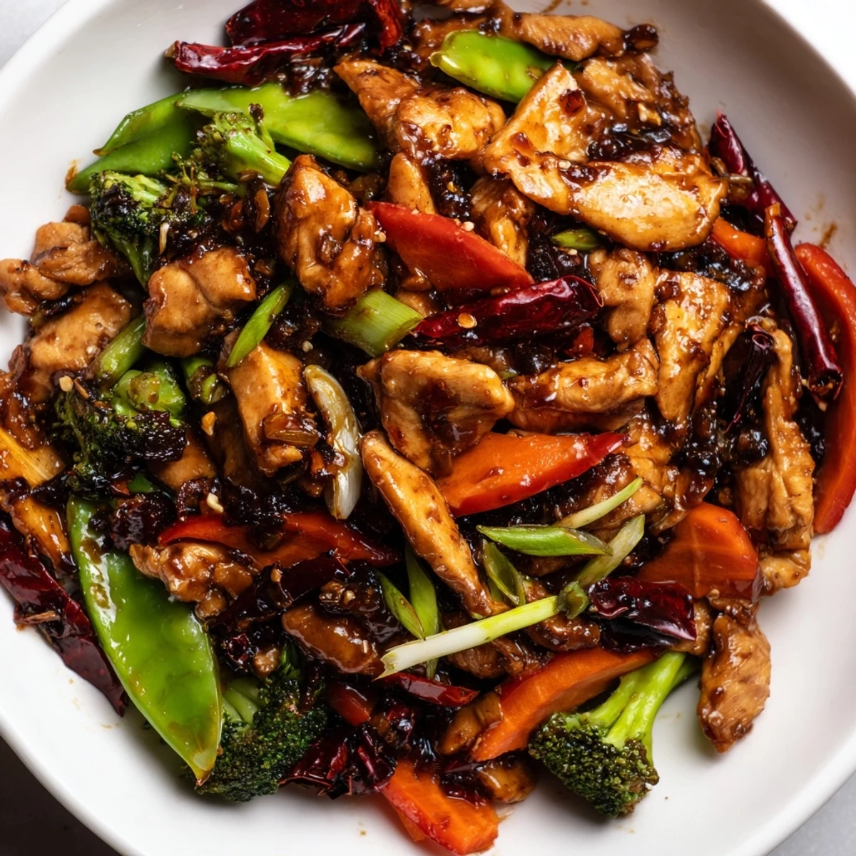 Tender Hunan Chicken stir-fry tossed with crisp broccoli and dried red chilies