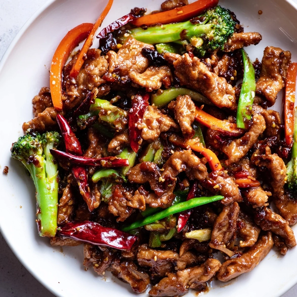 Spicy Hunan Chicken served over steamed rice with vibrant vegetables and scallions