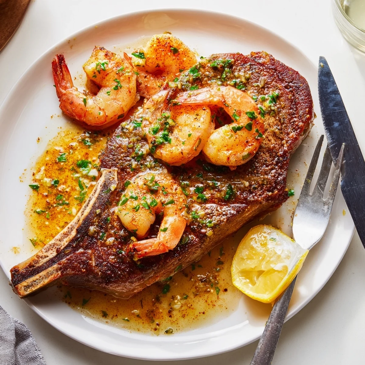 Juicy seared steak and garlic butter shrimp sizzling in a cast iron skillet with fresh parsley and lemon wedges