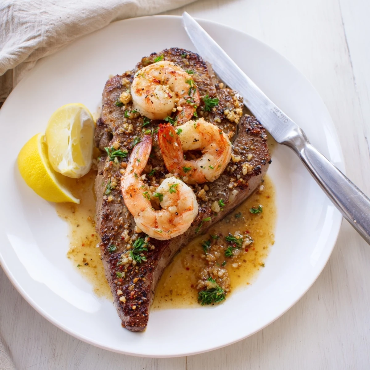 Perfectly cooked steak topped with tender garlic butter shrimp, garnished with bright parsley, ready for a special date night dinner