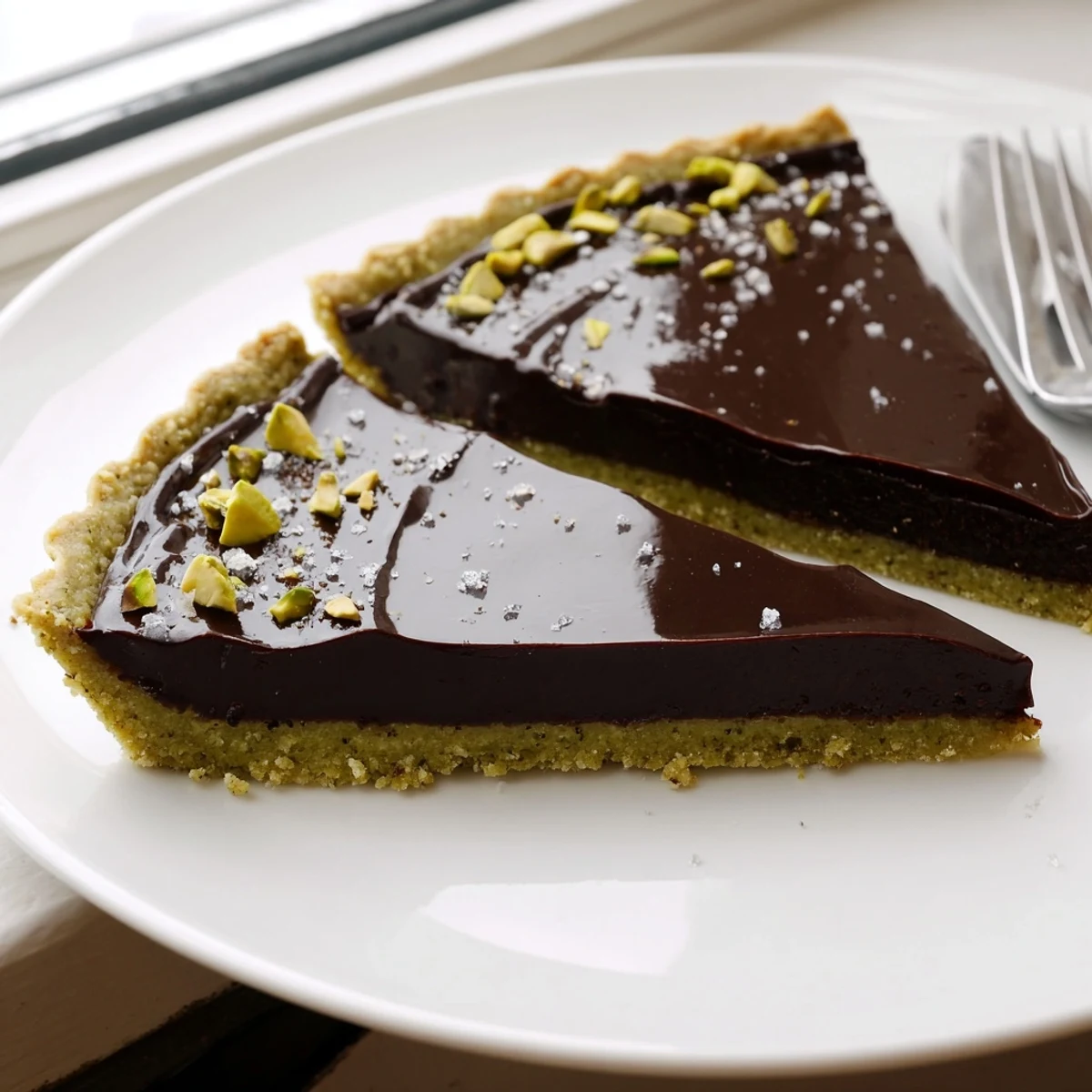 Dark Chocolate Pistachio Tart with glossy ganache filling and crushed pistachio crust on a ceramic plate