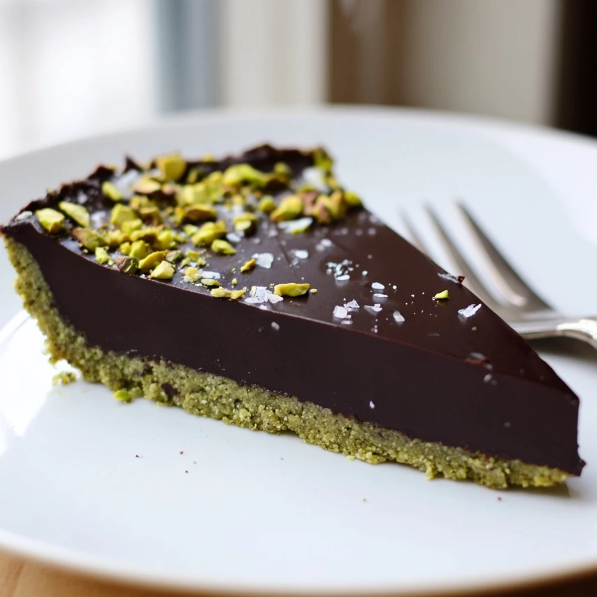 Silky dark chocolate ganache pooling inside a golden pistachio tart crust topped with chopped nuts