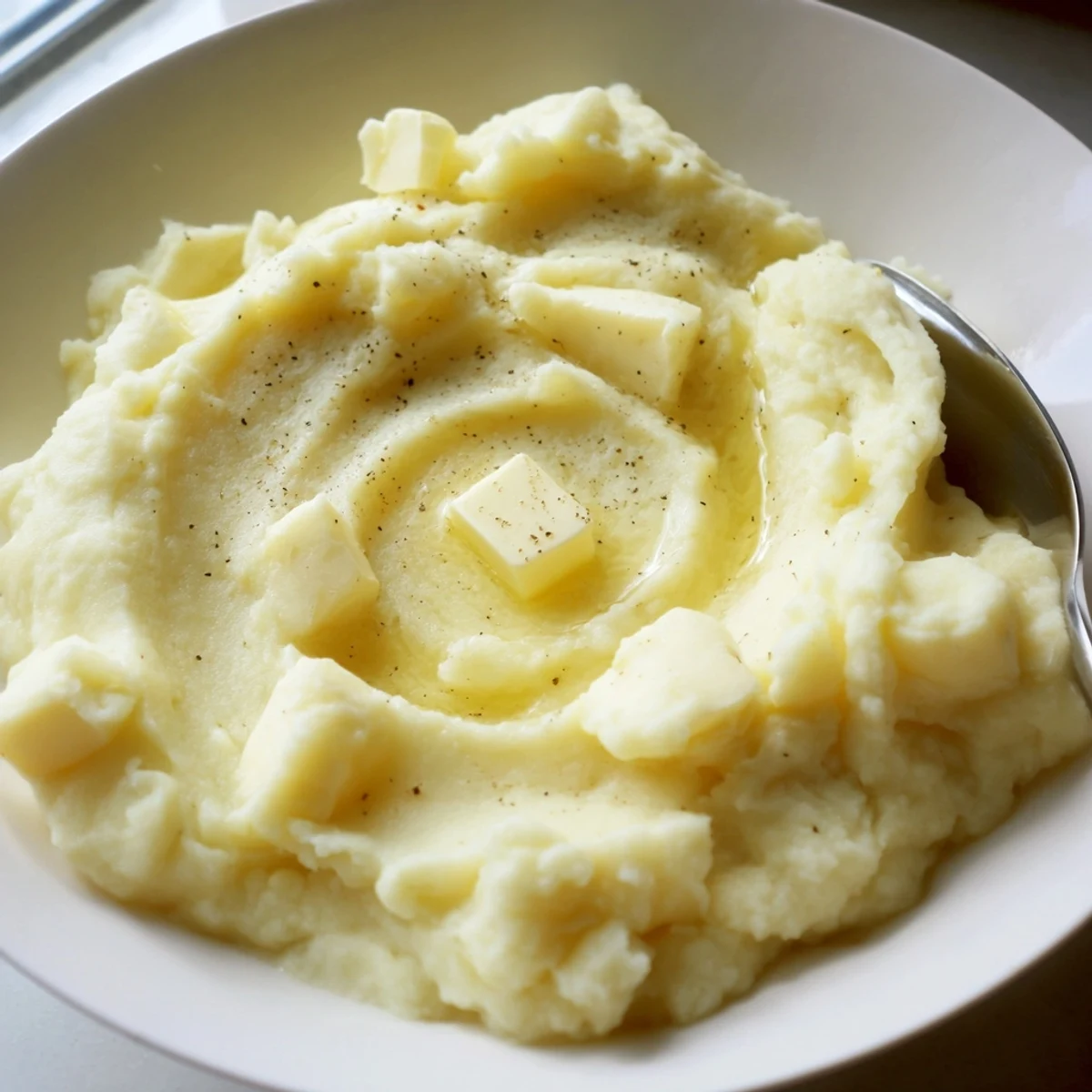 Steaming bowl of velvety mashed potatoes served alongside roasted chicken and fresh herbs